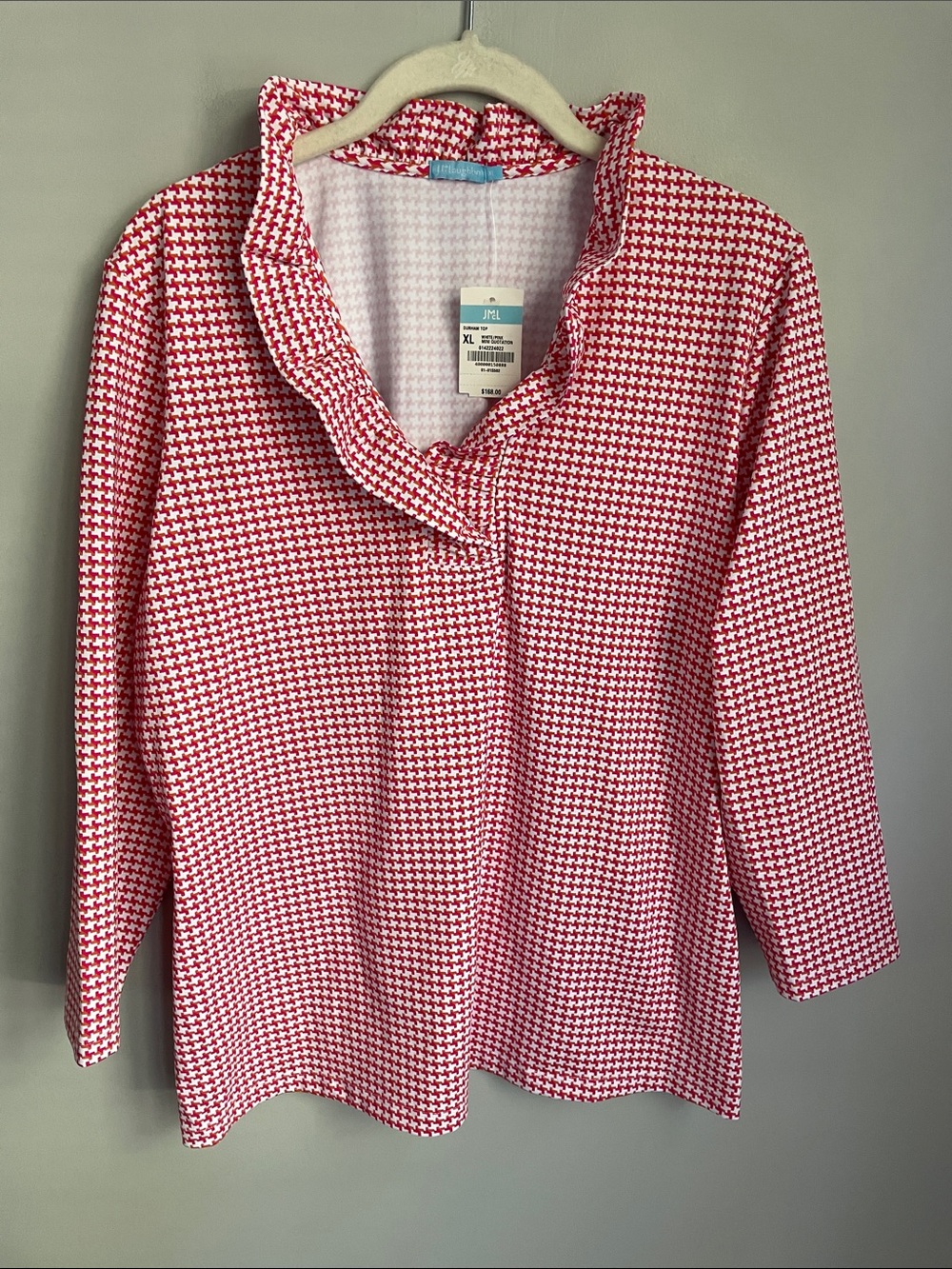 New J. McLaughlin Pink & White Durham Top Ruffle Neckline Catalina Cloth Size XL
